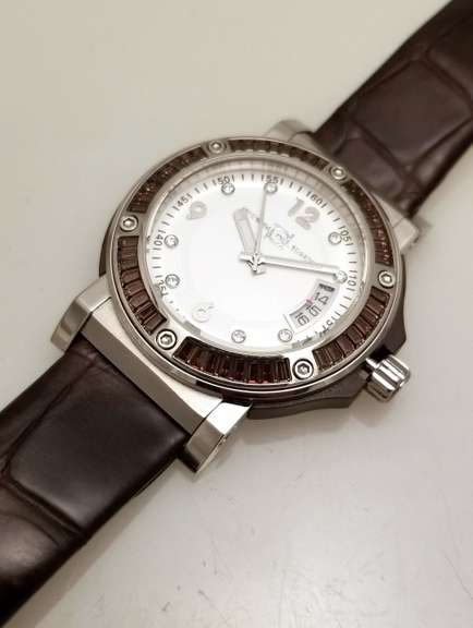 Italian elegant women’s watch Officina Del Tempo with brown crystal baguettes and crystal hour markers