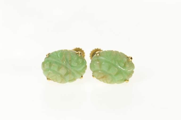 14K Yellow Gold Oval Floral Carved Jadeite Screw Back Earrings