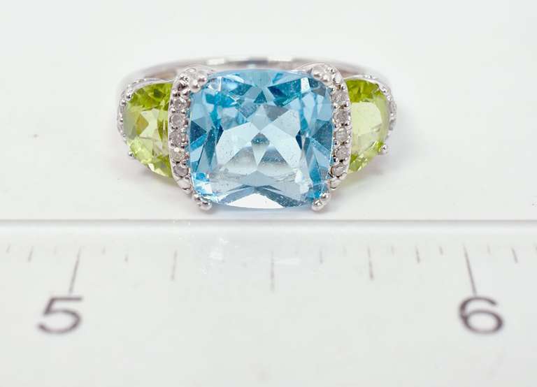 Blue and Green Gemstone Sterling Silver Ring with White Crystal Accents