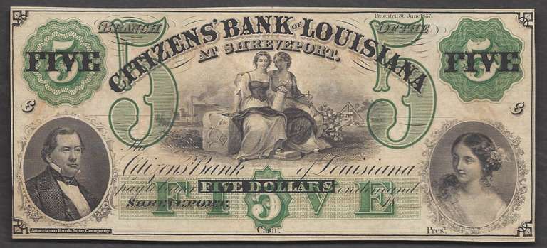 $5 18XX Remainder, unsigned Citizens bank of Shreveport LA
