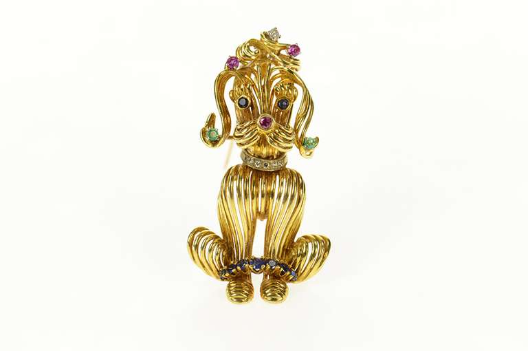 18K Yellow Gold 60's Poodle Emerald Ruby Diamond Statement Pin/Brooch