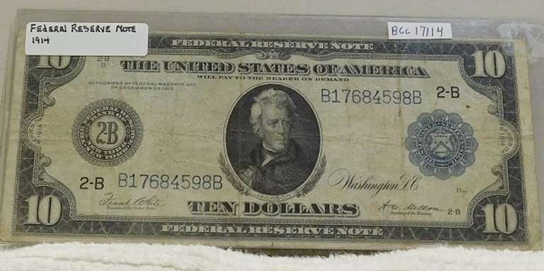 1914 Large Size $10 Fed Res Note circ   NOTE: Larger size higher denomination ($5, $10, etc) currency is much more rare than the $1 and $2 notes.  Few people, at the time, could afford to save them, since the purchasing power was so great.