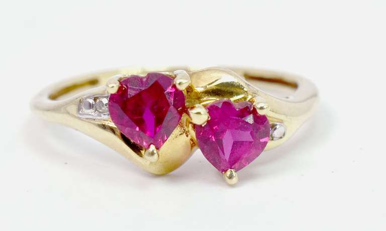 Romantic Double Heart Ruby Ring in Yellow Gold with Diamonds