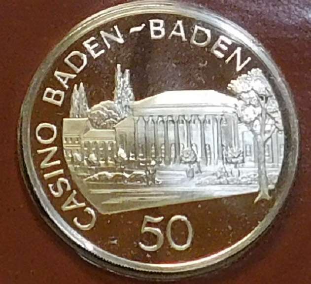 Franklin Mint: Sterling Sil Casino Chip, GEM Cameo PRF - 50 Funfzig, Baden-Baden