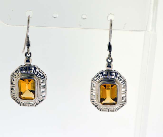 Sterling Silver Greek Key Citrine Pendant And Earrings Set