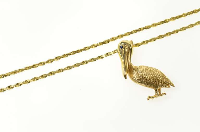 14K Yellow Gold Ornate Sapphire Eyed Pelican Rope Chain Necklace