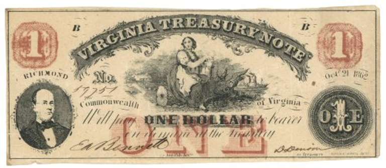 Near Mint Virginia Treasury $1 1862 Obsolete Civil War note