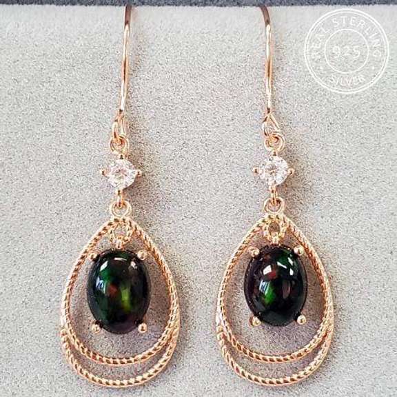 GENUINE ETHIOPIAN BLACK OPAL & CREATED WHITE SAPPHIRE 2.40 CT GENUINE 925 STERLING SILVER EARRINGS