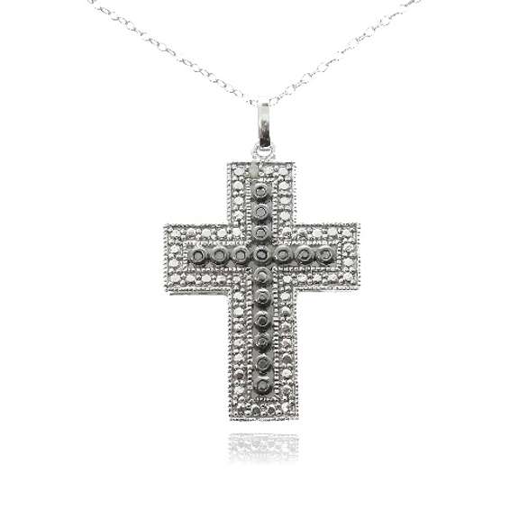 Sterling Silver Black & White Diamond Accent Cross Necklace
