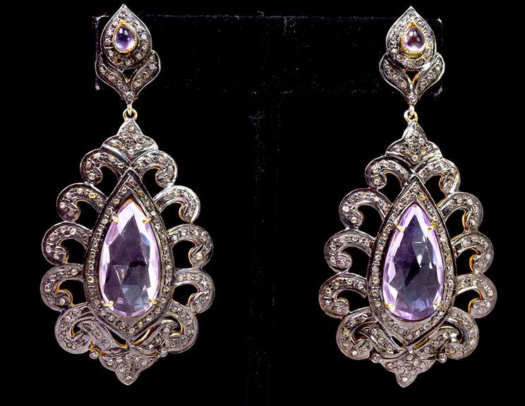 Entrancing 15.00CTS Amethyst & 3.02CTW Diamond Earrings Set in Ornate Silver