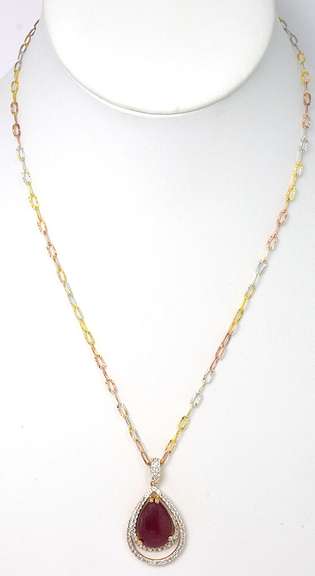 Juicy Massive 11.00CTS Pear Cabochon Cut Natural Star Ruby & White Sapphire Necklace in Sterling Silver