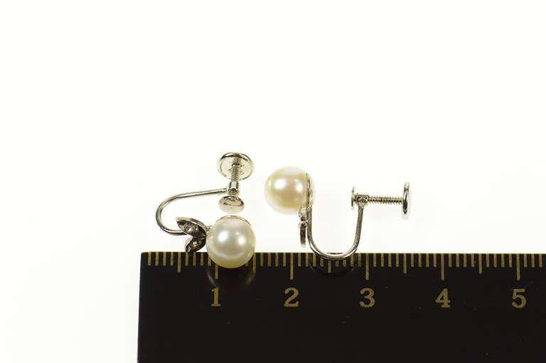 14K White Gold Pearl Diamond Accent Leaf Screw Back Earrings