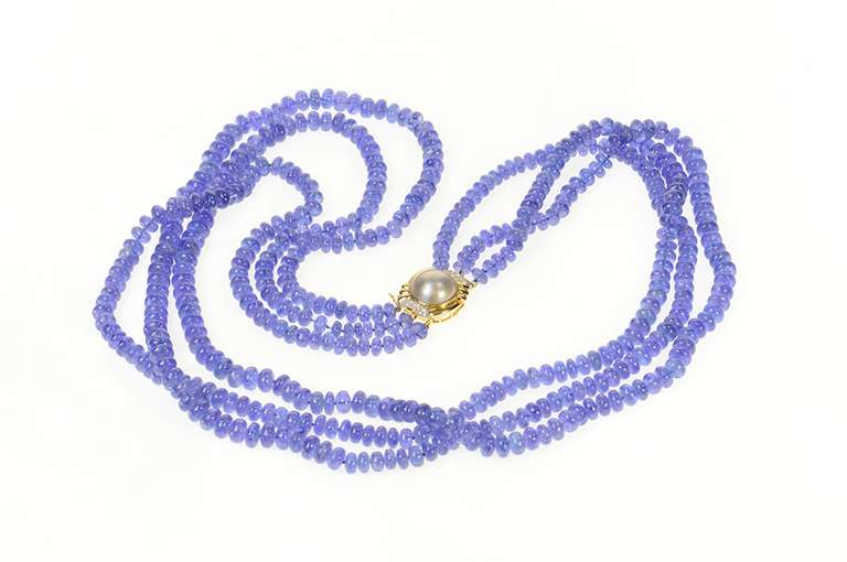 14K Yellow Gold Tanzanite Diamond Pearl Clasp Layered Opera Necklace