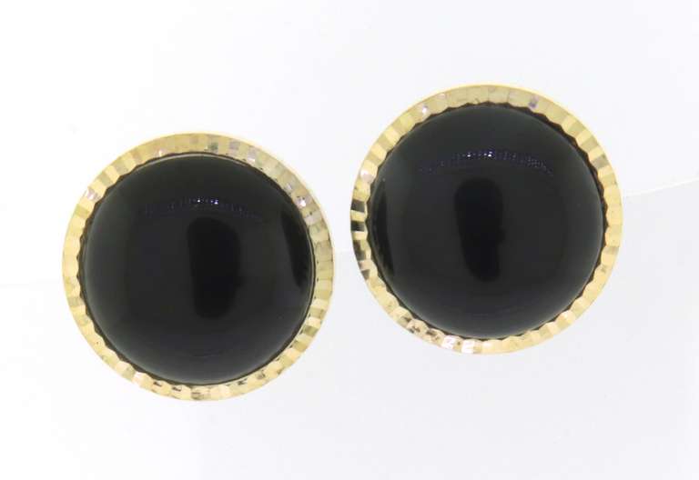 Nice Yellow Gold Black Onyx Earrings w Fluted Bezel