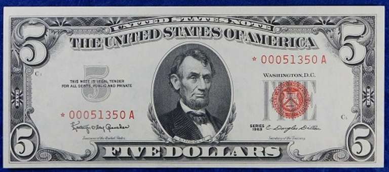 Gem Crisp 1963 $5 Red Seal Star Replacement Note!