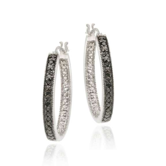 Sterling Silver .10ct. TDW Black Diamond 25mm Oval Hoop Earrings