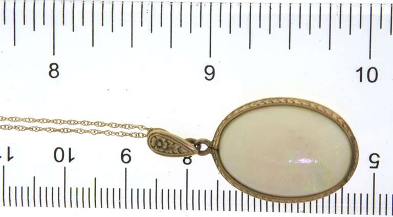 Vintage Engraved Gold Frame & Bail on Oval Opal Pendant on Chain