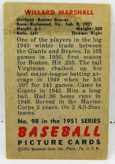 Willard Marshall, Braves 1951 Bowman Baseball Card