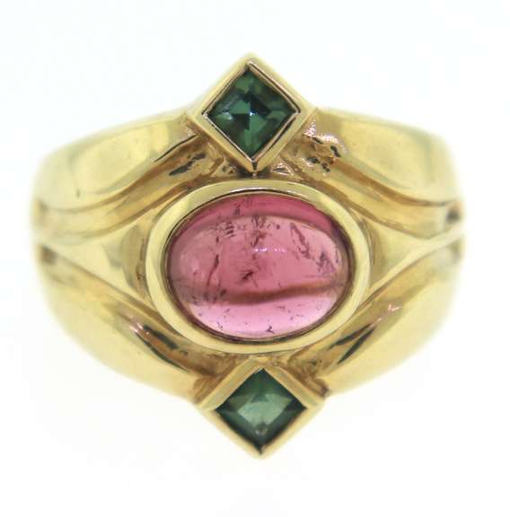 Powerful Yellow Gold Oval Cabochon Shaped Pink Tourmaline Cocktail Ring
