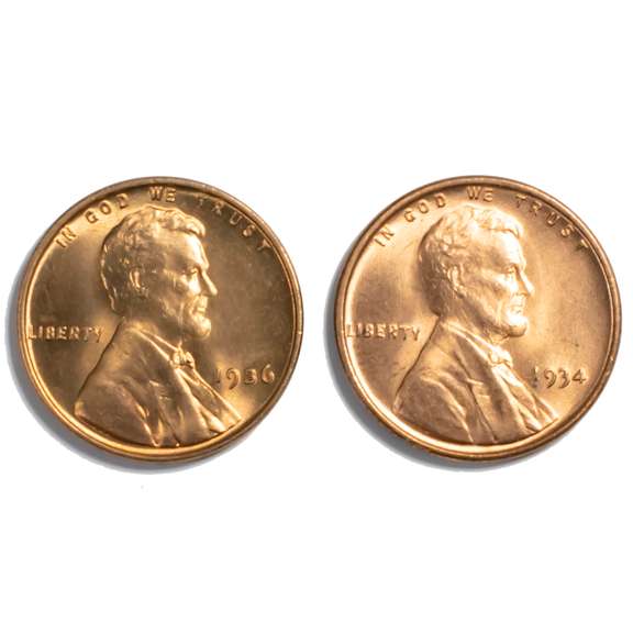 Blazing Red 1934 and 1936 Lincoln Cents