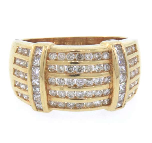 Multi row 14k yellow gold diamond channel set ring