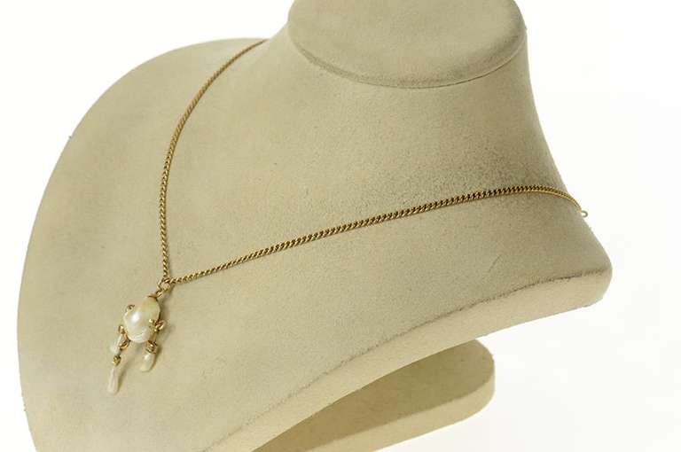 10K Yellow Gold 1930's Ornate Pearl Dangle Fringe Chain Necklace