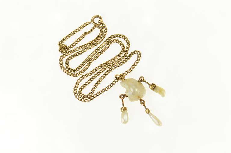 10K Yellow Gold 1930's Ornate Pearl Dangle Fringe Chain Necklace