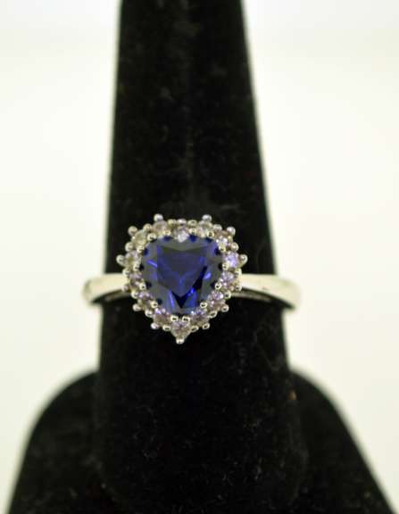 Sterling Silver CZ Heart Shape Blue Sapphire Ring