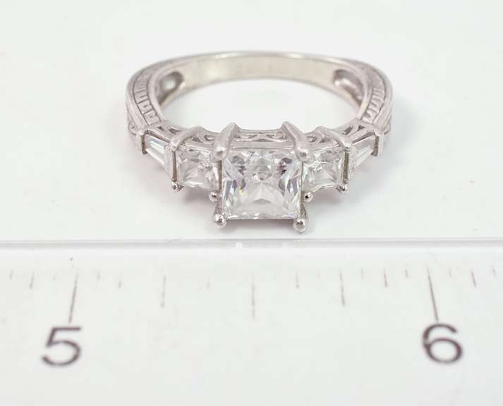 Carved Sterling Silver Ring with CZ Crystals.