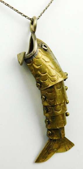 Big Vintage Reticulated Brass Fish Pendant & Chain