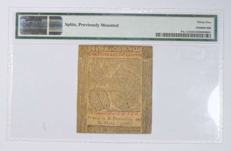 May 1, 1760 Pennsylvania Colonial 5 Pounds Note 35 Choice VF PMG