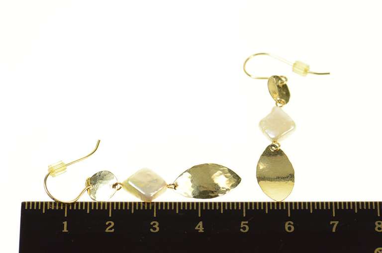 14K Yellow Gold Pearl Geometric Hammered Dangle Hook Earrings