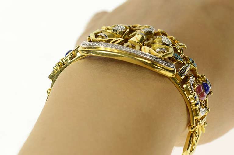 18K Yellow Gold Egyptian Hieroglyphic Diamond Bangle Bracelet