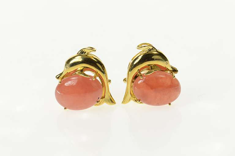 14K Yellow Gold Rhodochrosite Ornate Dolphin French Clip Earrings
