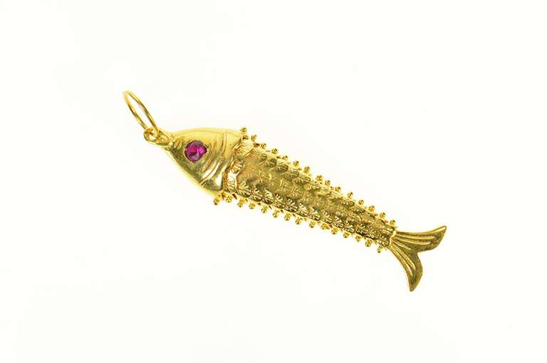 22K Yellow Gold Ornate Articulated Ruby Eyed Fish Statement Pendant