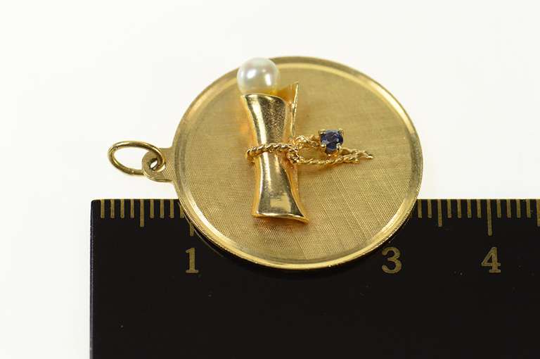 14K Yellow Gold Pearl Sapphire Accent Diploma Graduation Charm/Pendant