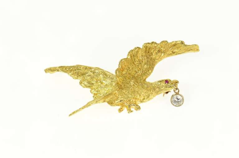 18K Yellow Gold 0.49 Ctw Diamond Ruby Eyed Eagle Cellino Pin/Brooch