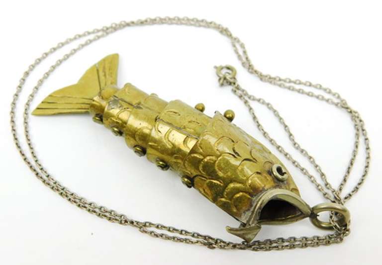 Big Vintage Reticulated Brass Fish Pendant & Chain