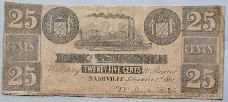 25 Cent Bank Of Tennessee Coin Jan 12 1861 Note