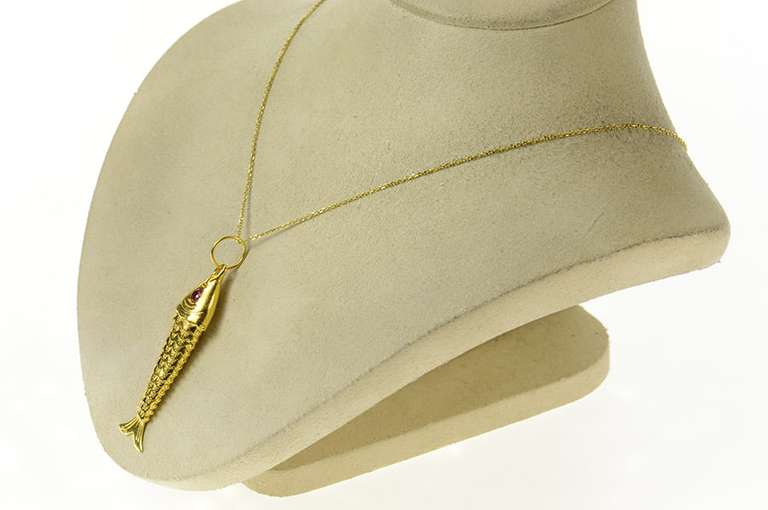22K Yellow Gold Ornate Articulated Ruby Eyed Fish Statement Pendant