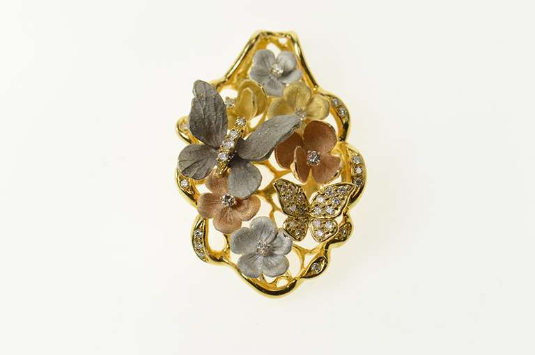 18K Yellow Gold JY Diamond Designer Butterfly Flower Statement Pendant