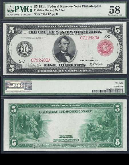 $5 1914 FRN  Red Seal Fr. 834a PMG 58