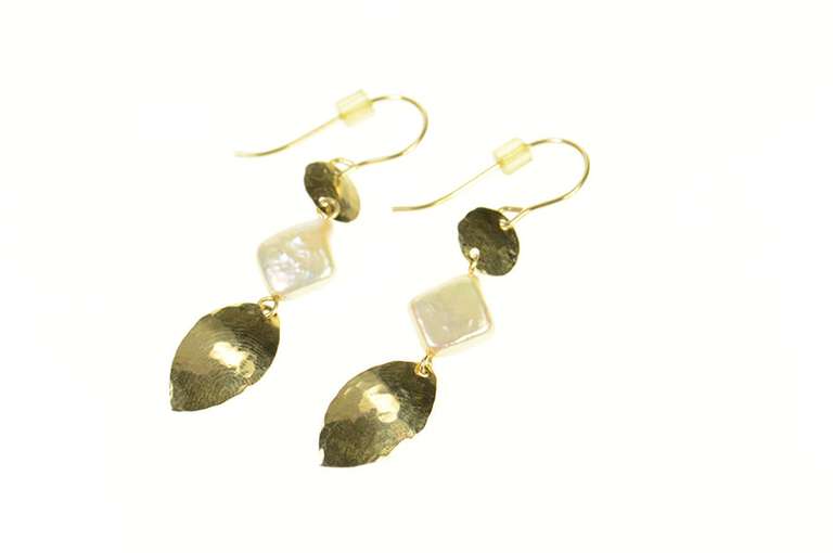 14K Yellow Gold Pearl Geometric Hammered Dangle Hook Earrings