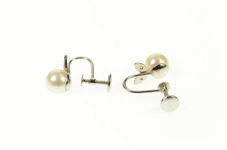14K White Gold Pearl Diamond Accent Leaf Screw Back Earrings