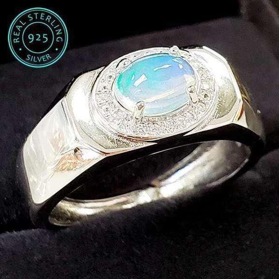 GENUINE ETHIOPIAN OPAL & CREATED WHITE SAPPHIRE 925 STERLING SILVER MENS ADJUSTABLE OPEN RING