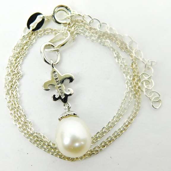 Sterling Pearl & Diamonds Fleur-De-Lis Necklace