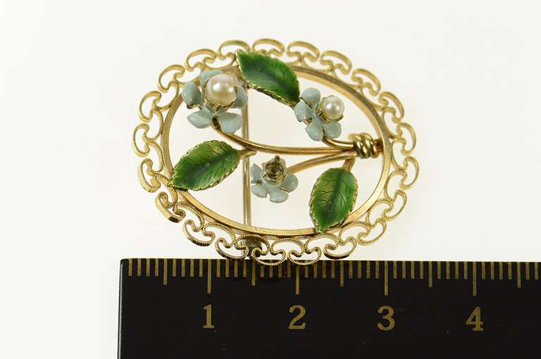 10K Yellow Gold Ornate Enamel Retro Forget Me Not Filigree Pin/Brooch