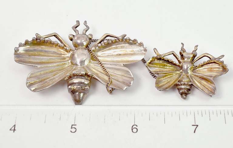 Interesting Double Bug Chained Pins in Sterling Silver