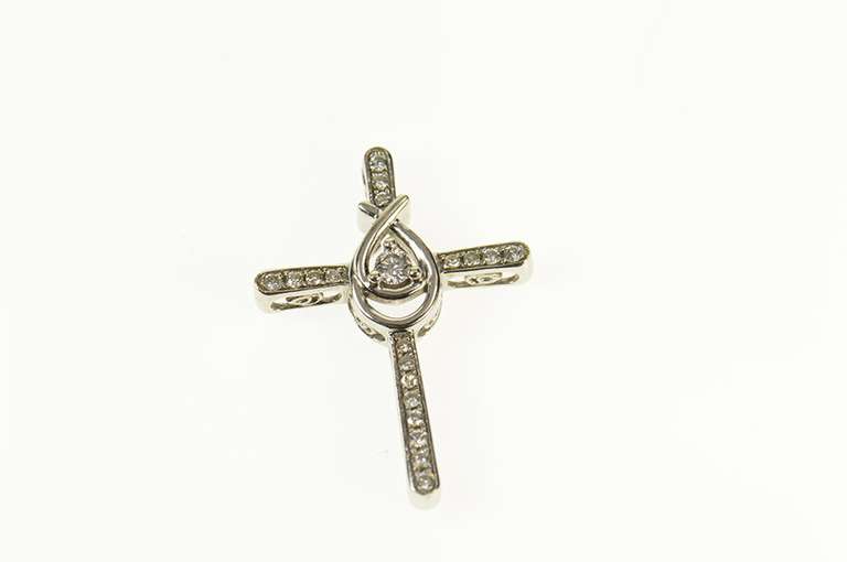 10K White Gold Diamond Encrusted Ornate Cross Charm/Pendant