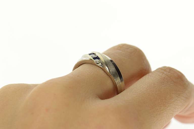 10K White Gold Men's Sapphire Diamond Classic Wedding Band Ring